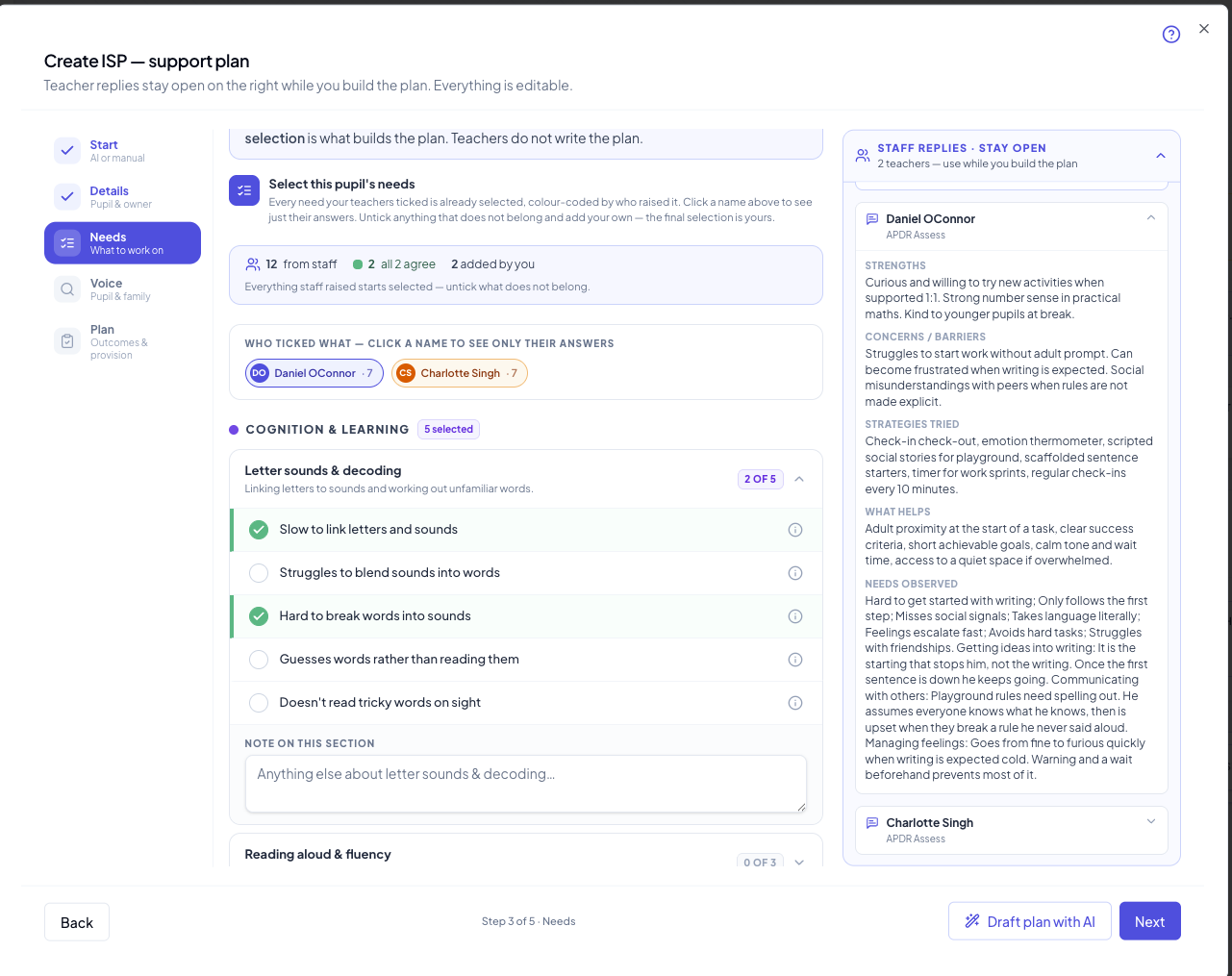 Support plan wizard with AI draft alongside teacher replies