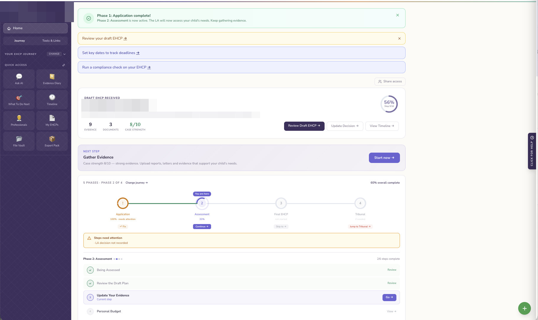 Pathway journey dashboard with phases, case strength and next steps (family details redacted)