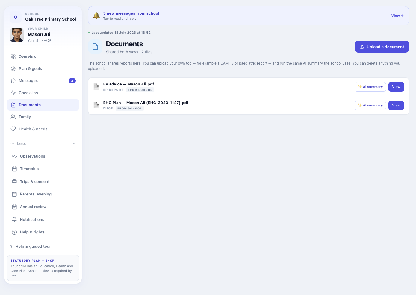Parent portal documents shared both ways with AI summaries